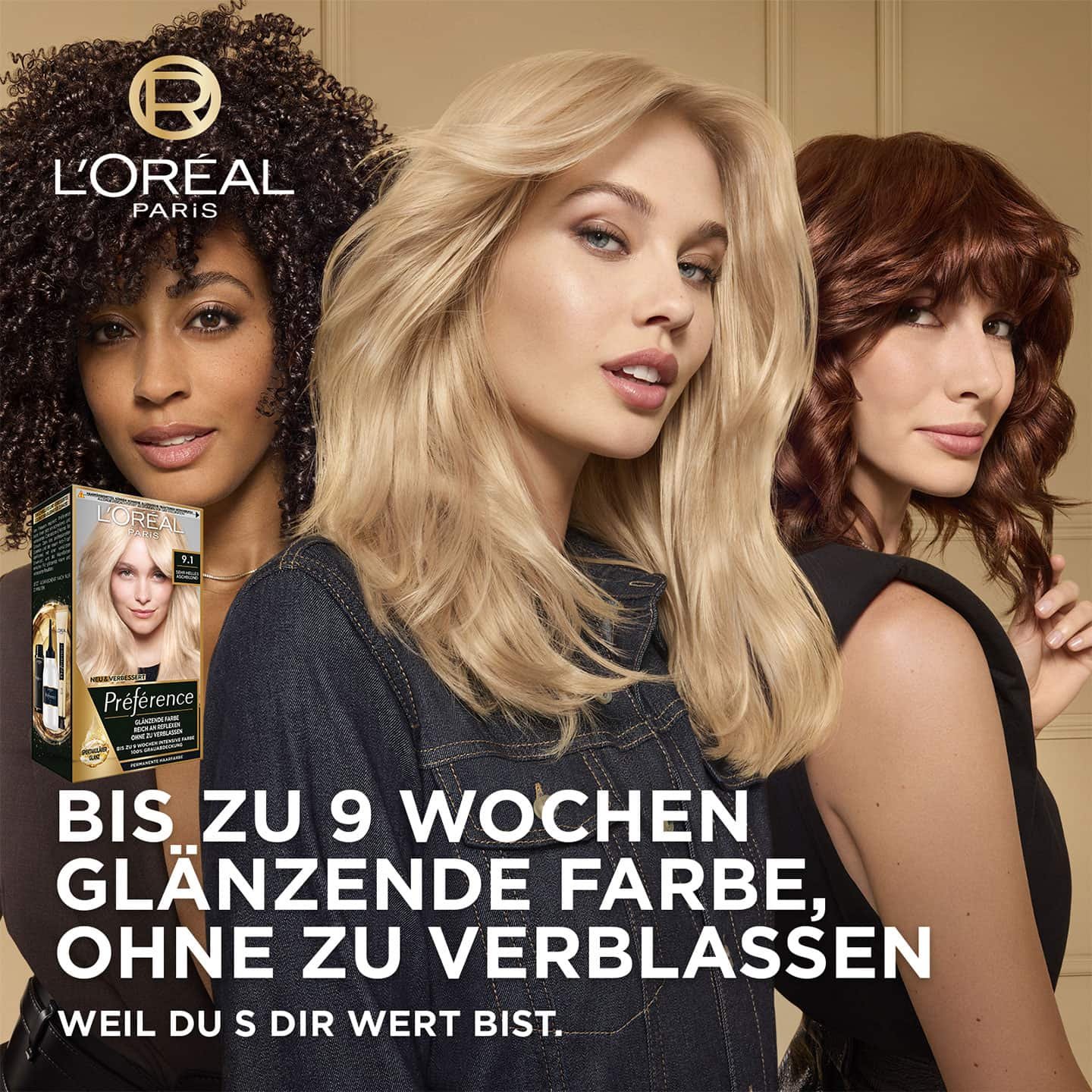 Bis zu 9 Wochen glänzende Farbe, drei Frauen demonstrieren ihre glänzende Haare